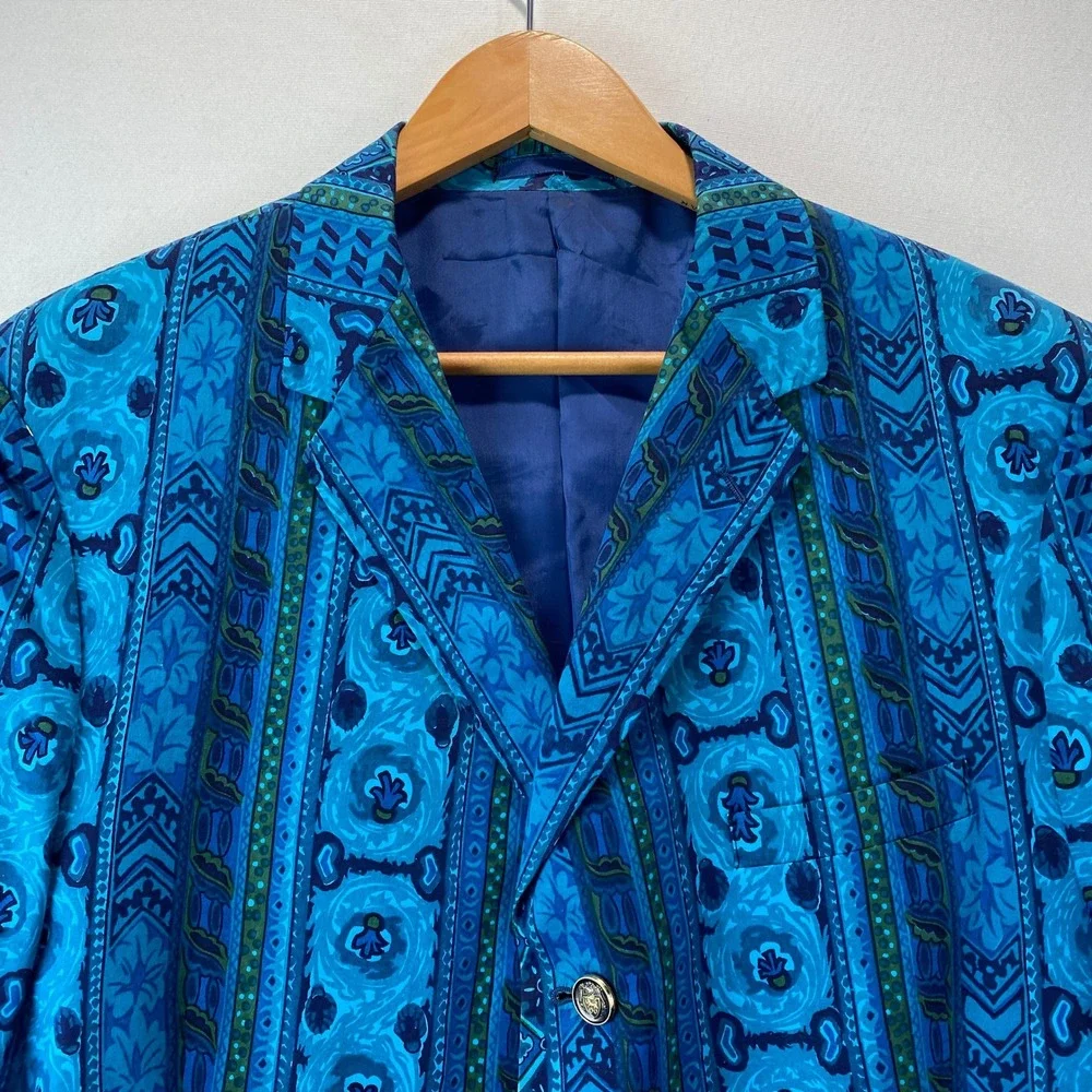 VTG Rare Steegan Handprinted Batik Cotto Men 40 Blue Geometric Sport Coat Ornate